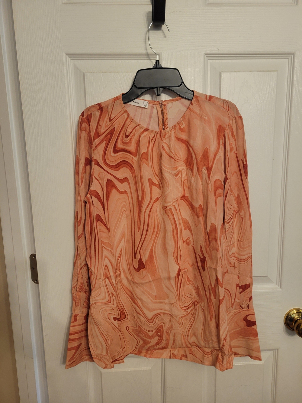 Mango Marble-Print Long-Sleeve Blouse in Peach and Rust Tones